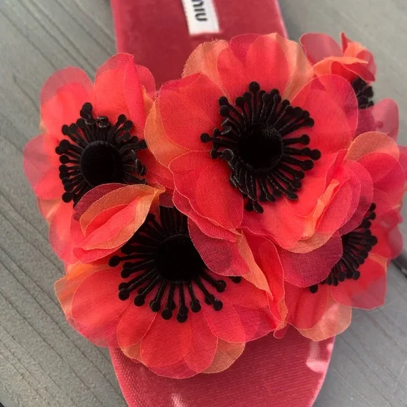 Miu Miu pink velvet floral slides
